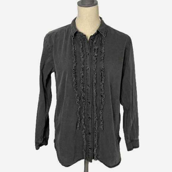 Pilcro Anthropologie Juni Button Up Shirt Top Gray Ruffle Distressed Small - Picture 11 of 11